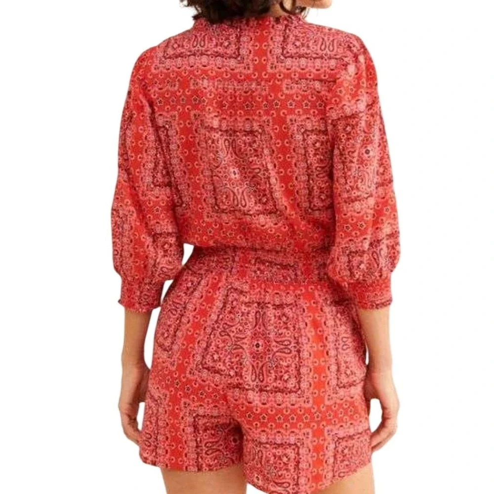 DuParadis Anthropologie Red Bandana Paisley Cotton Romper Smocked Waist Large